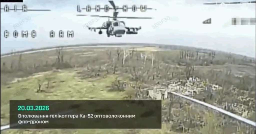Elicopterul rus Ka-52 „Alligator”, doborât de o dronă FPV în Donețk. Echipajul s-a evacuat, apoi a fost neutralizat